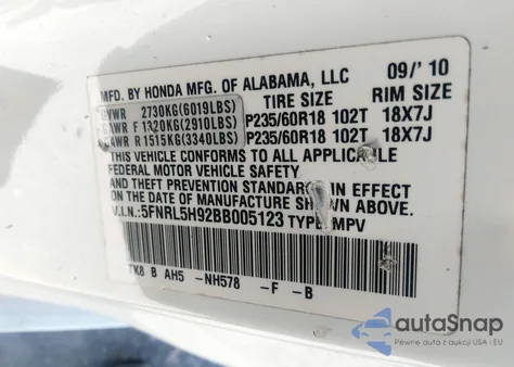 2011 Honda Odyssey Touring/Touring Elite from USA, damaged, VIN 5FNRL5H92BB005123